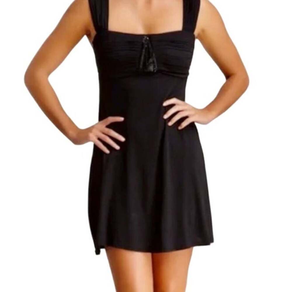 Badgley Mischka LBD Knit Sleeveless Empire Beaded Mini Dress Black Sz Large